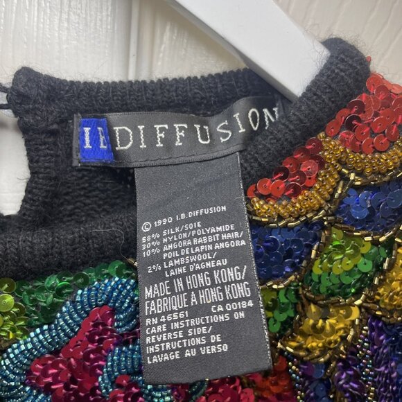 IB Diffusion Vintage Beaded Sequin Silk Angora Wool Black Fuzzy Sweater LARGE - Picture 3 of 5